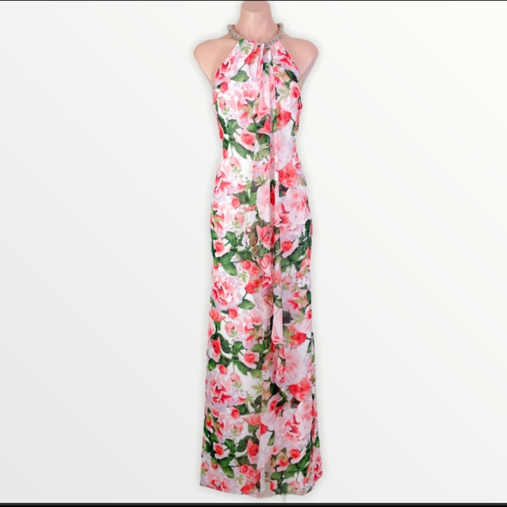 CALVIN KLEIN Pink Floral Halter Ball Gown Dress 6